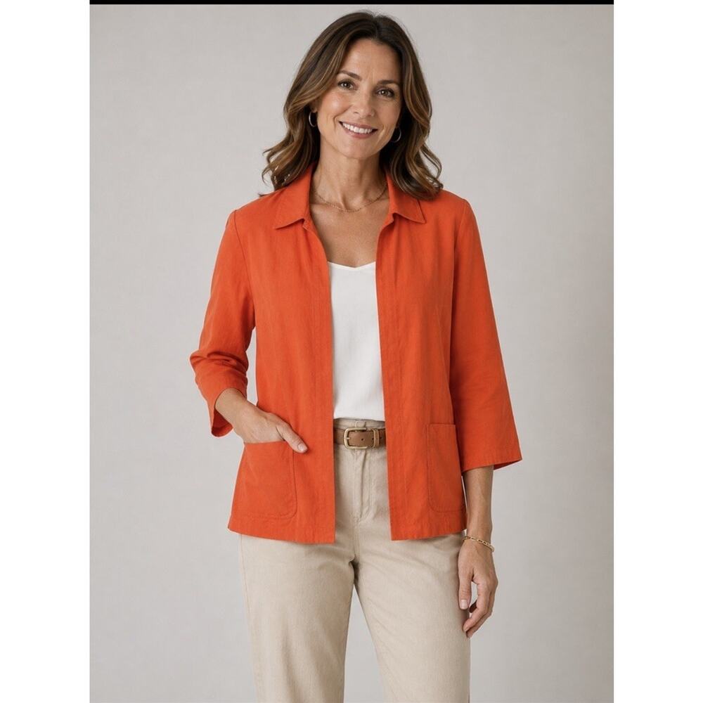 Coldwater Creek Silk Linen Open Front Sz L Orange Old Money Causal Preppy Career